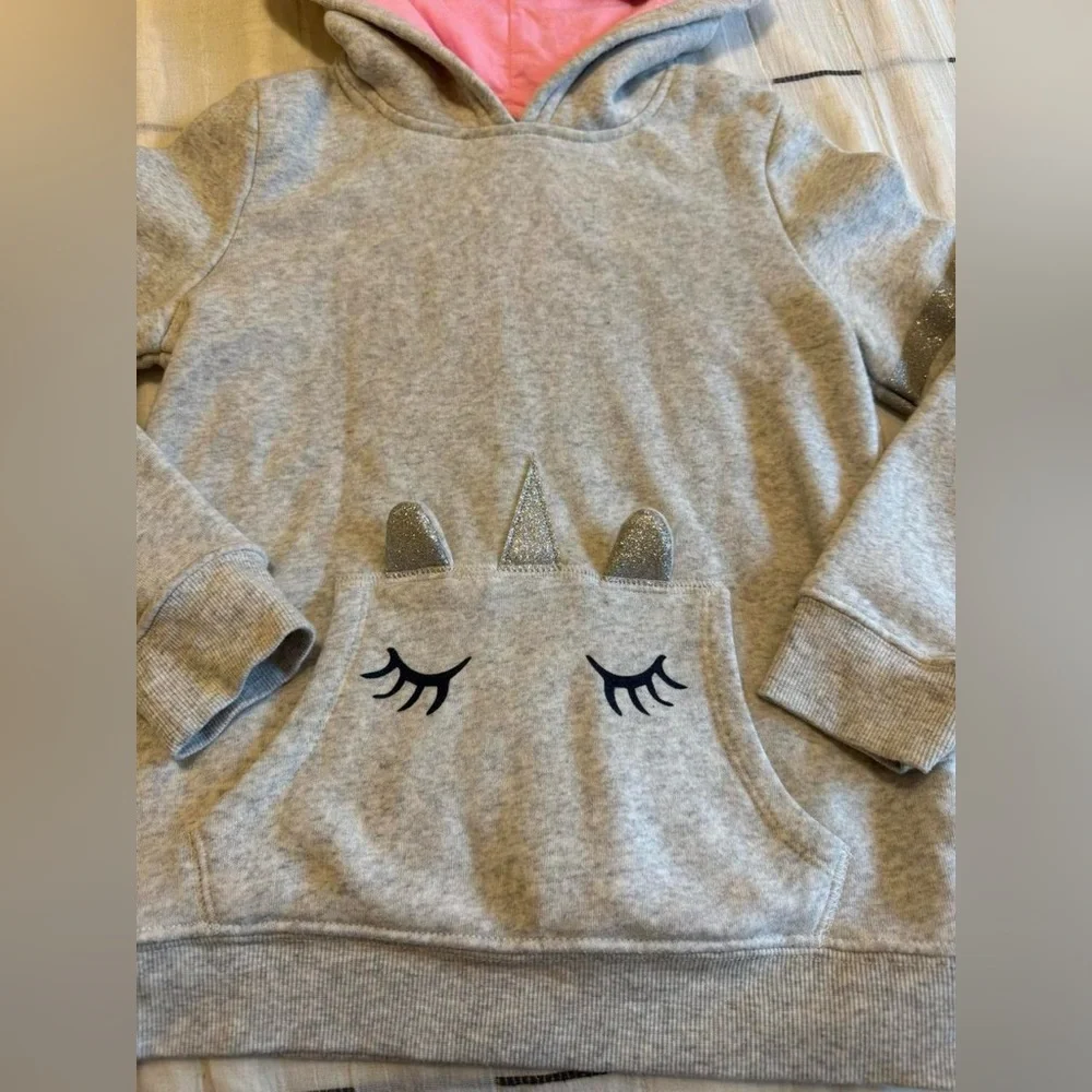 OshKosh B'gosh Girls Unicorn Hoodie Sweatshirt Gray Pink Size 10 Sparkle Cute